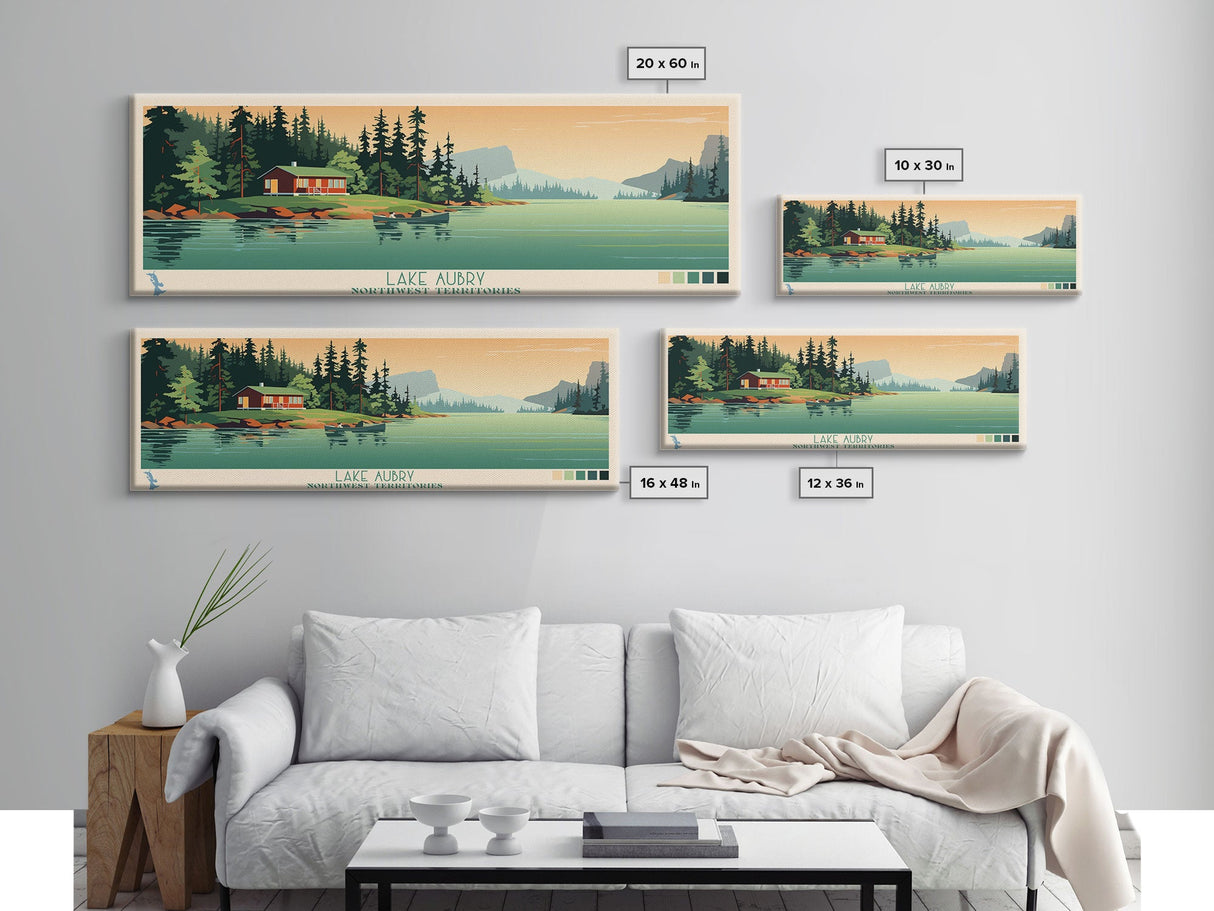 Lake Aubry Northwest Territories Framed Canvas Print, Panoramic Art, Midcentury Modern, Pop Art, Living Room Wall Art, Travel Poster, Lake House Decor