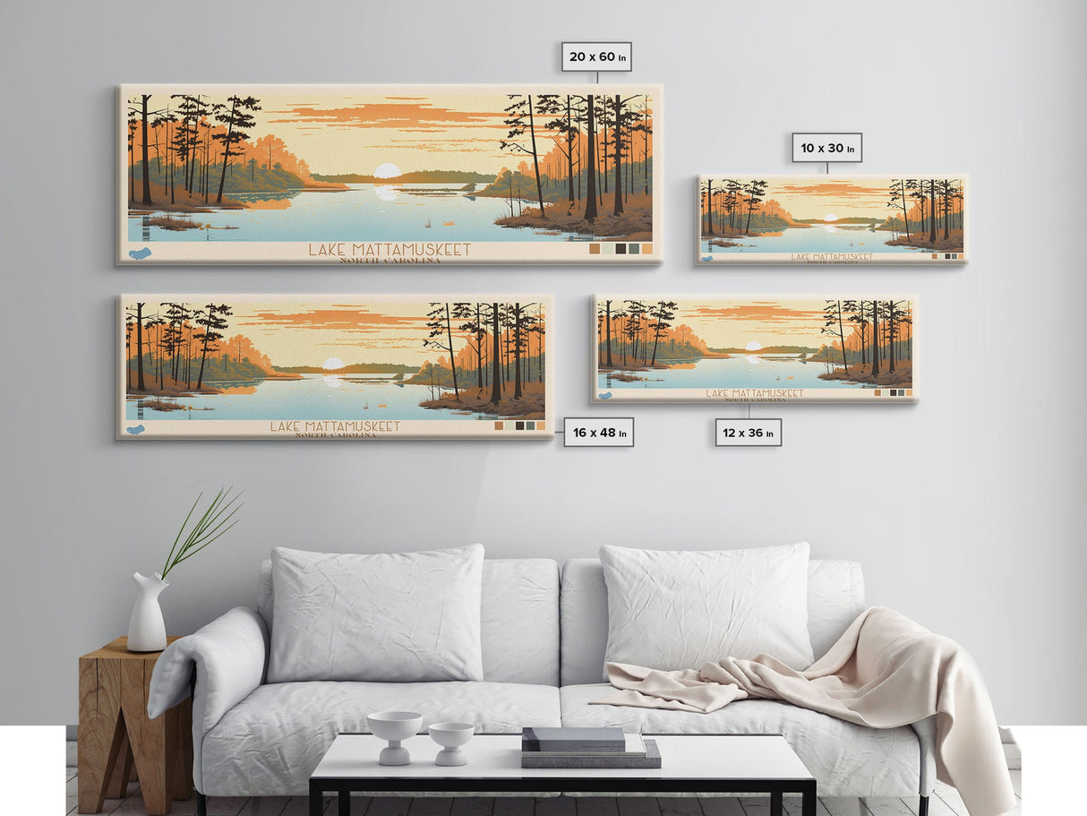 Lake Mattamuskeet North Carolina Framed Canvas Print, Panoramic Wall Art, Midcentury Modern, Pop Art, Bedroom Art, Travel Poster, Lake House Decor