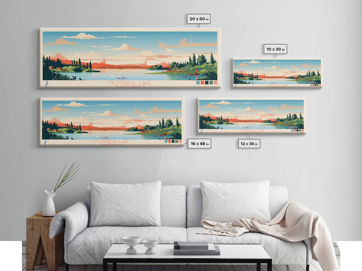 Montreal Lake, Saskatchewan Framed Canvas Print, Panoramic Wall Art, Midcentury Modern, Pop Art, Home Decor, Travel Poster, Living Room Art