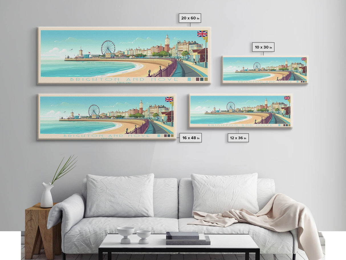 Brighton and Hove, England Travel Poster Panoramic Canvas Print, Brighton and Hove, England Painting, England Art, Brighton and Hove Travel Art, Guest Room Painting