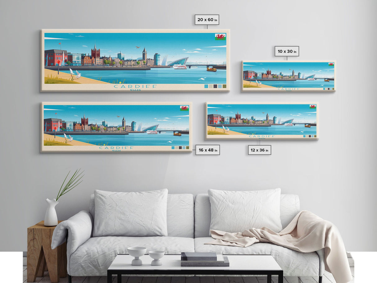 Cardiff, Wales Travel Poster Panoramic Canvas Print, Cardiff, Wales Painting, Wales Art, Cardiff Travel Art, Guest Room Painting