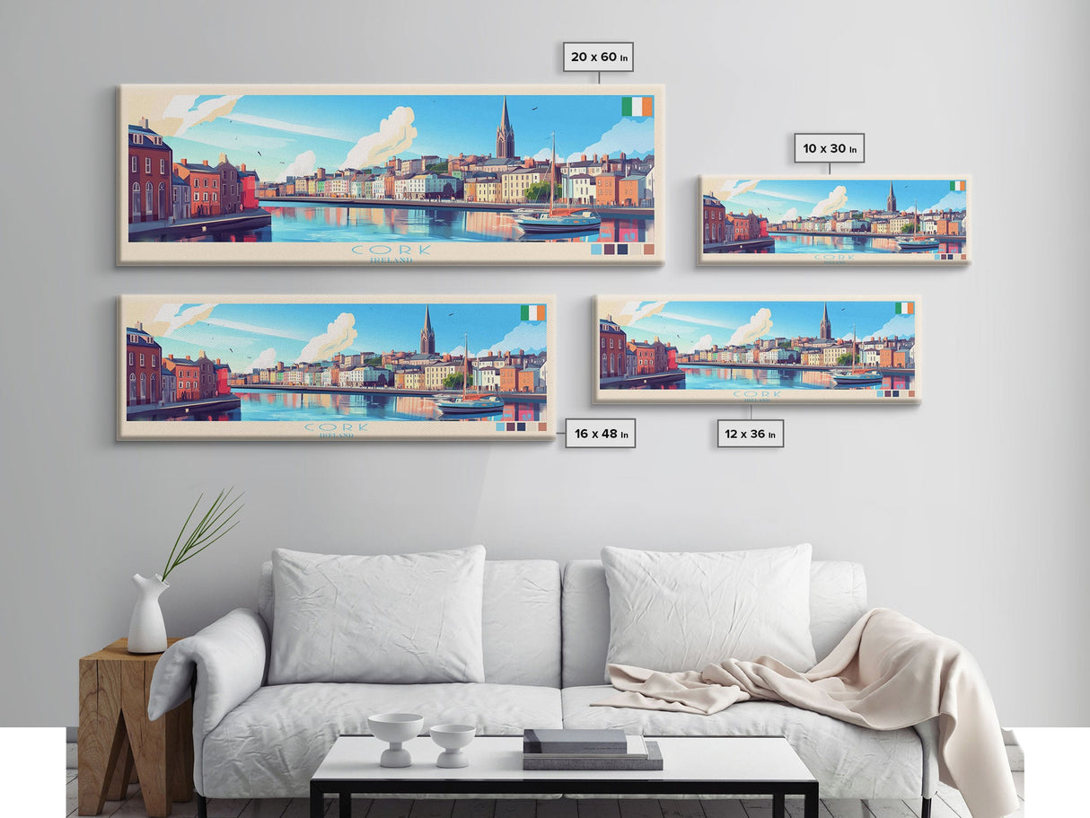 Cork, Ireland Panoramic Travel Poster Canvas Print, Cork, Ireland Painting, Ireland Art, Cork Travel Art, Living Room Painting