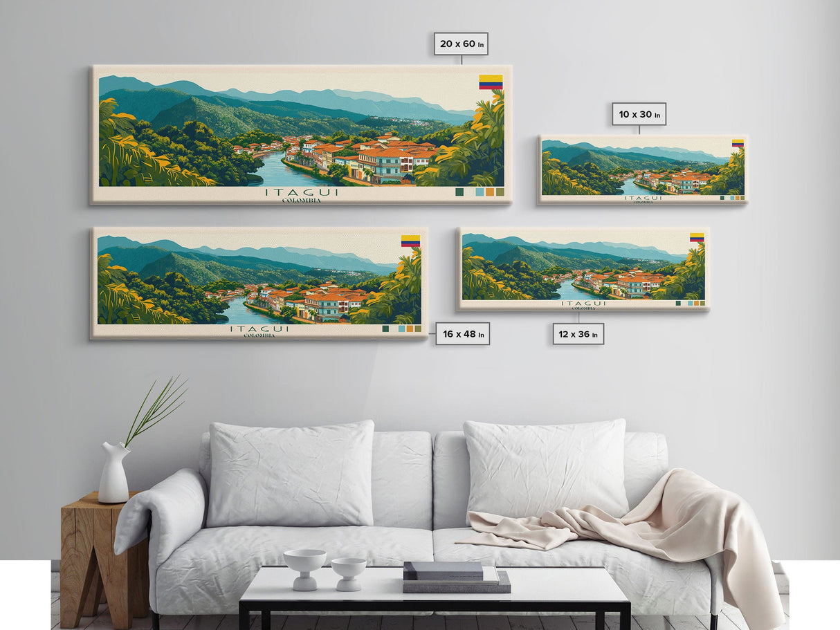 Panoramic Travel Poster Itagui, Colombia Canvas Print, Itagui, Colombia Painting, Colombia Art, Itagui Travel Art, Guest Room Painting