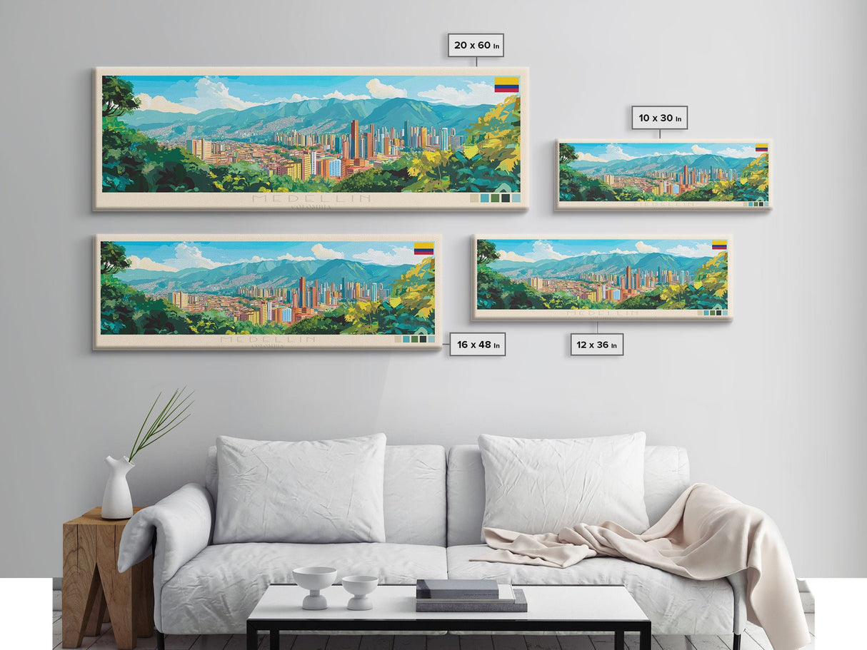 Medellin, Colombia Panoramic Travel Poster Canvas Print, Medellin, Colombia Painting, Colombia Art, Medellin Travel Art, Guest Room Painting