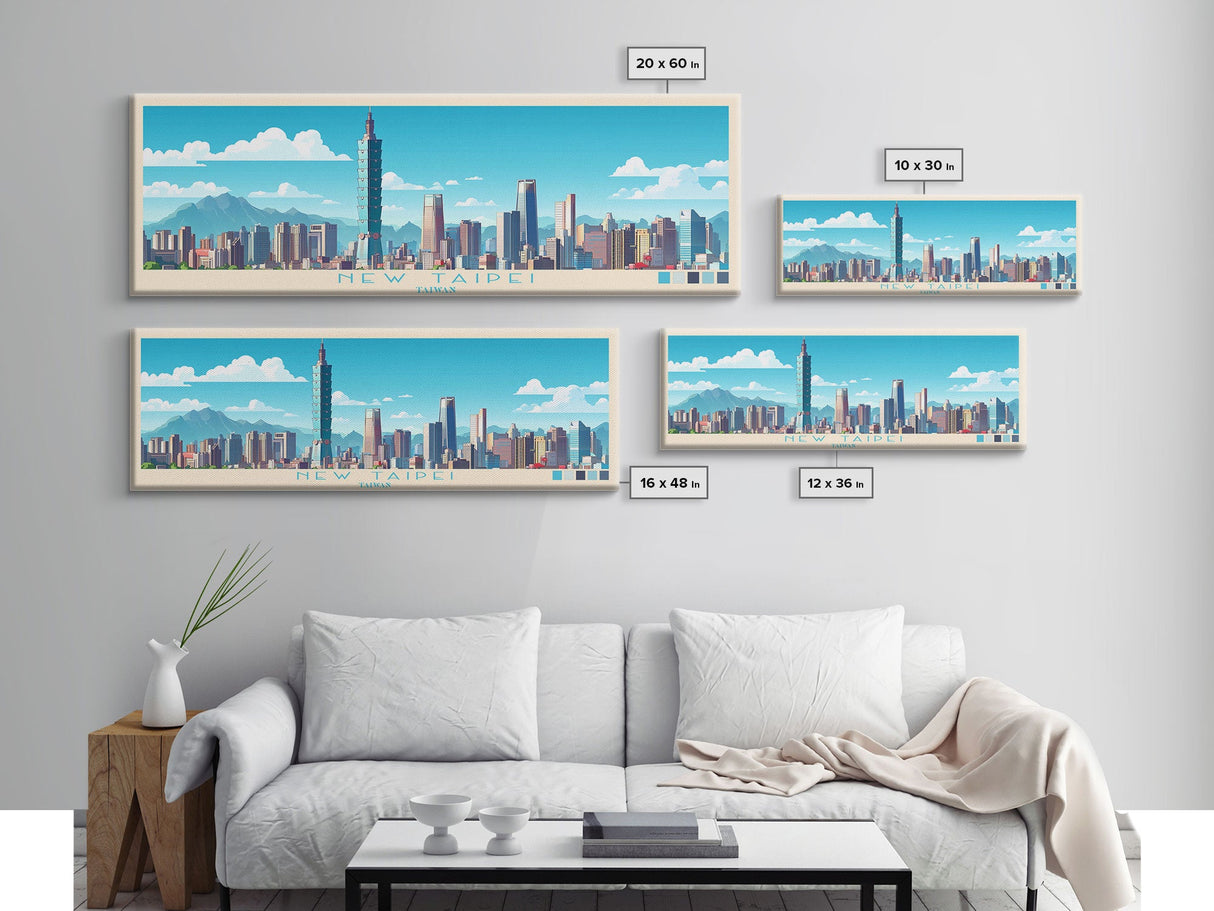 Panoramic Travel Poster New Taipei, Taiwan Canvas Print, New Taipei, Taiwan Painting, Taiwan Art, New Taipei Travel Art, Guest Room Painting
