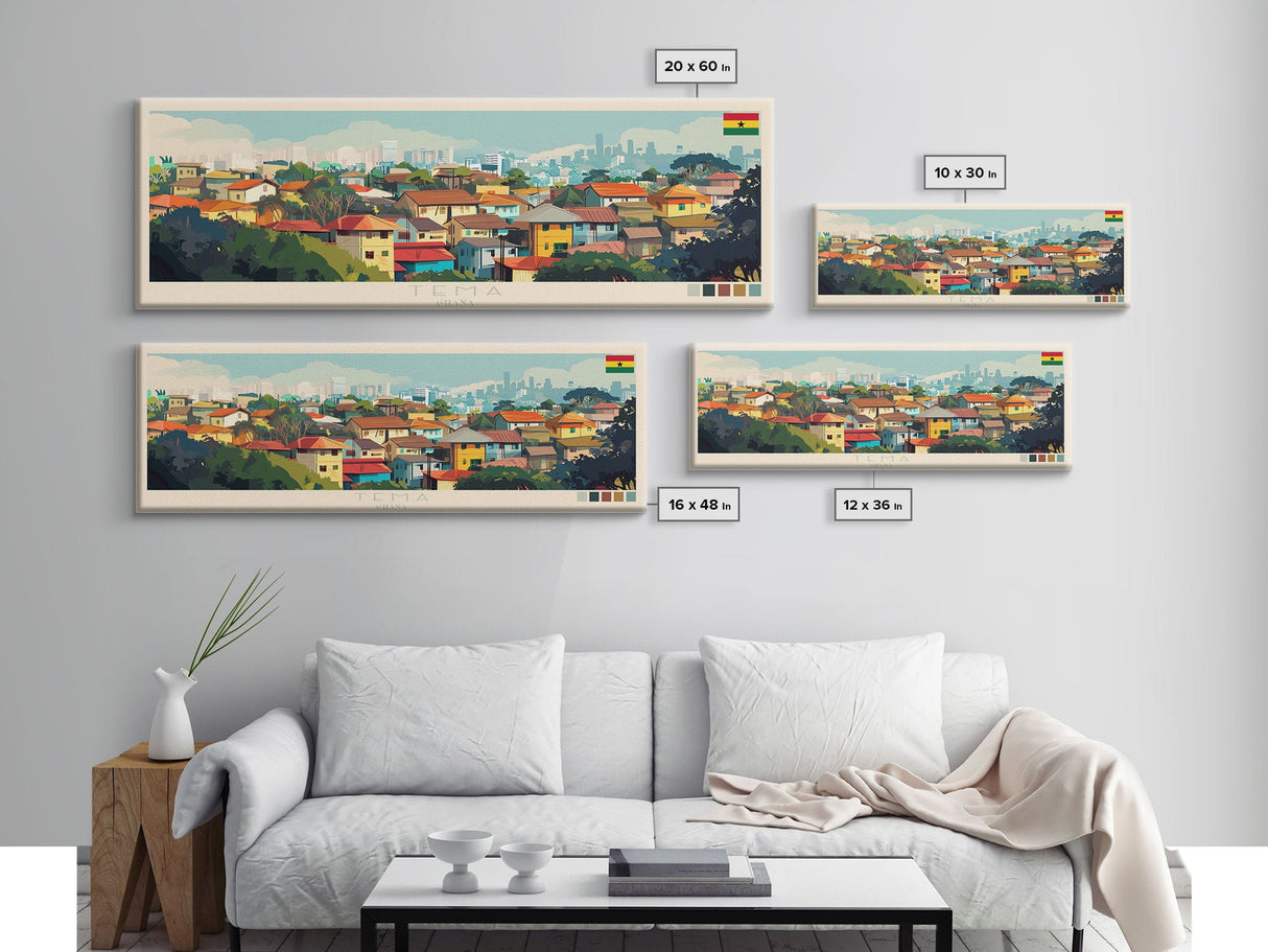 Tema, Ghana Panoramic Travel Poster Canvas Print, Tema, Ghana Painting, Ghana Art, Tema Panoramic Travel Art, Travel Painting