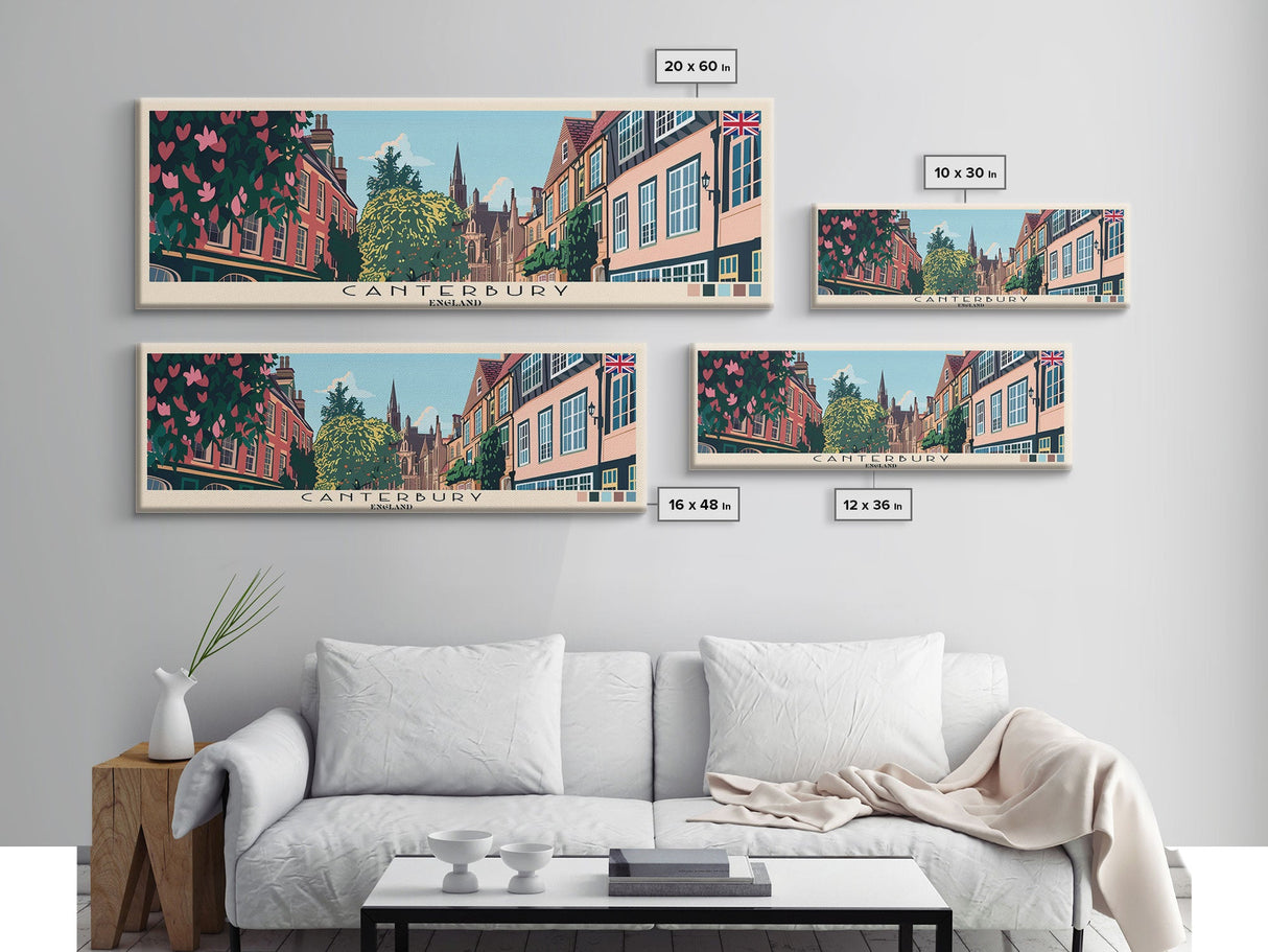 Canterbury, England Panoramic Canvas Print, Canterbury, England Painting, England Art, Canterbury Travel Poster, Travel Art, Vacation Gift