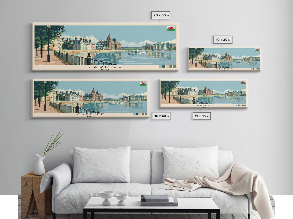Cardiff, Wales Panoramic Canvas Print, Cardiff, Wales Painting, Wales Art, Cardiff Travel Poster, Travel Art, Guest Room Painting