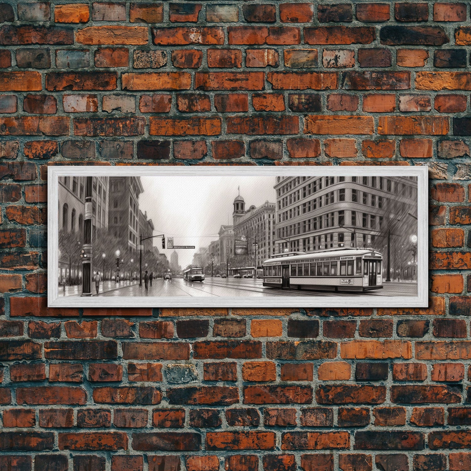 Detailed Street Sketch Canvas Print, City Wall Art, Bus, Cars, Buildings, Monochromatic Urban Art Print, Panoramic, Wall Art, Canvas Print