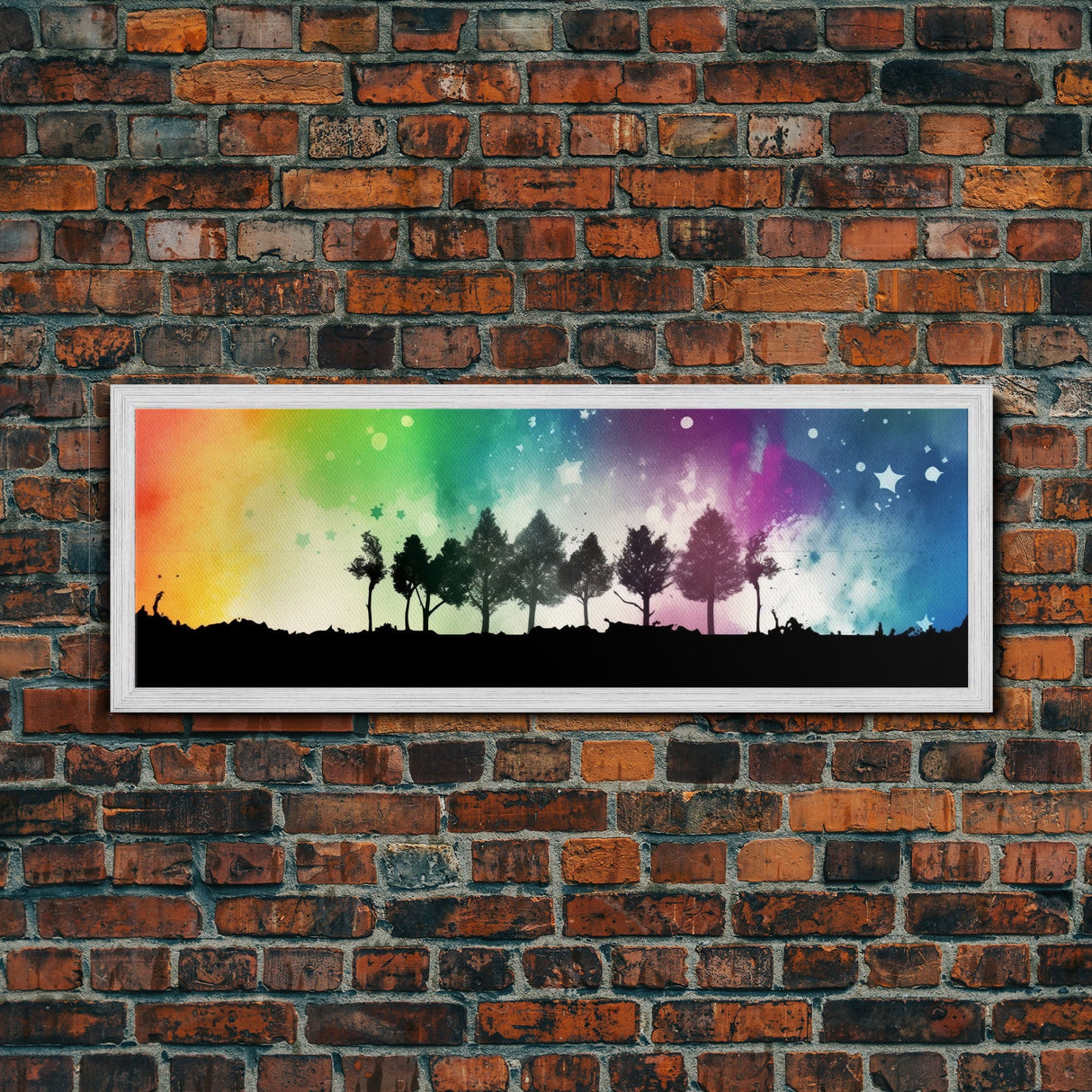 Large Abstract Art Print, Colorful Watercolor Sky, Silhouette Trees, Tie Die Sky, Framed Canvas Print, Panoramic, Wall Art, Canvas Print