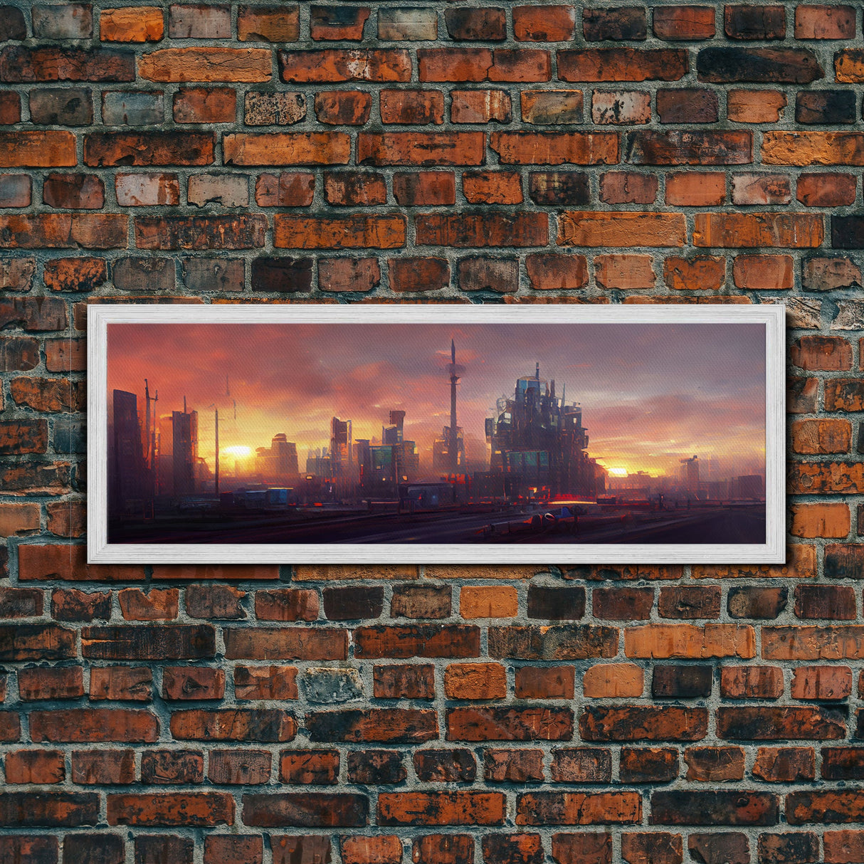 Cyberpunk City, Night City Watercolor, Ready To Hang Canvas Print, Panoramic, Videogame Concept Art, Watercolor Painting Of a Cyberpunk City