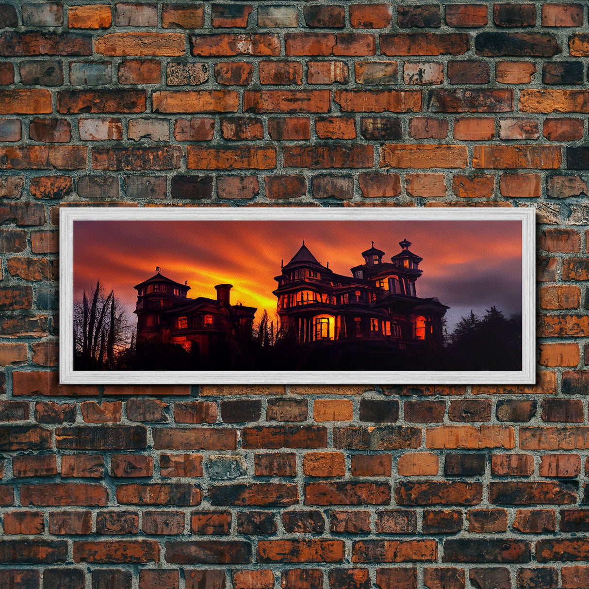 Spooky Victorian Haunted House, Panoramic Wall Art Canvas Print, Ready To Hang, Creepy Wall Decor, Gloomy Art, Scary Halloween Wall Decor