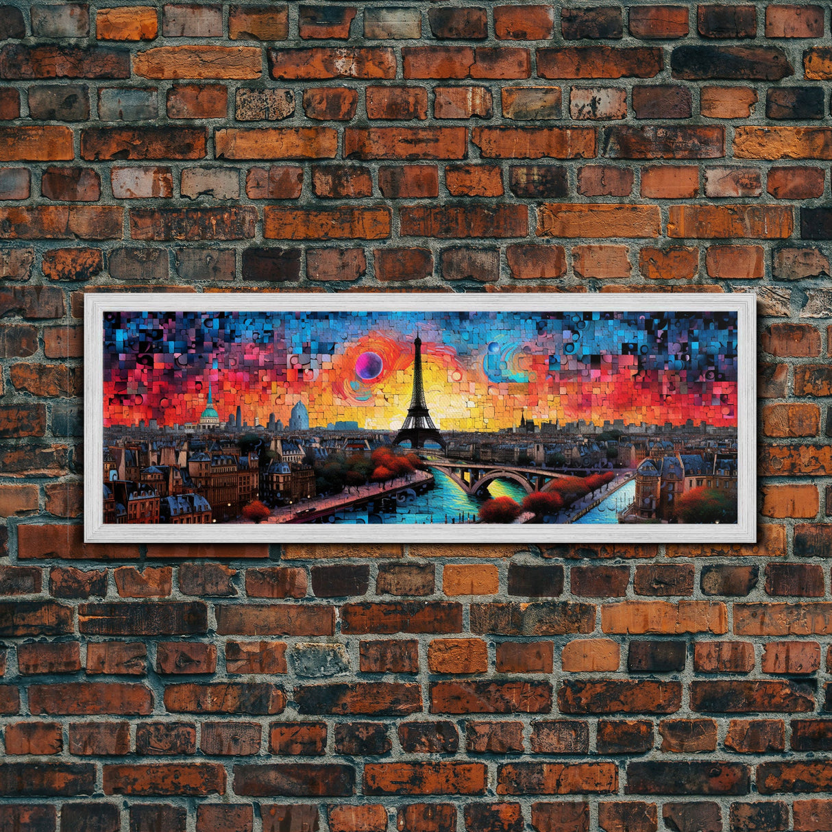 Jigsaw Abstract Paris France Panoramic Framed Canvas Print, Van Gogh Inspired Original Painting, Colorful Wall Art