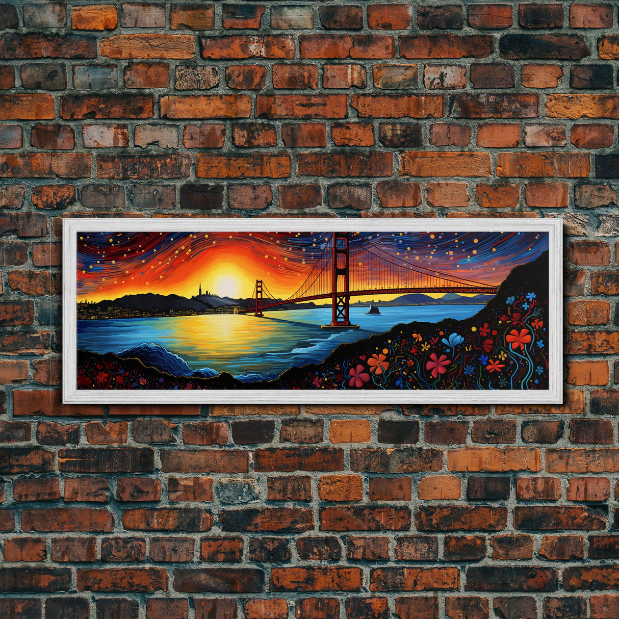 Golden Gate Bridge San Francisco Abstract Panoramic Framed Canvas Print, Van Gogh Inspired Original Painting, Colorful California Wall Art