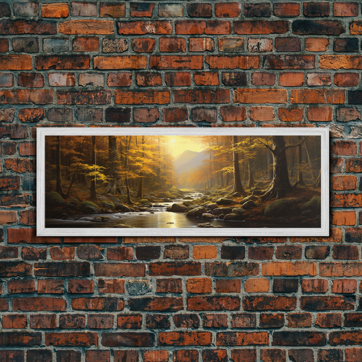 The Forest In The Fall, Fall Centerpiece, Panoramic Painting Framed Canvas Print, Fall Decor, Orange Leaves Falling In The Forest