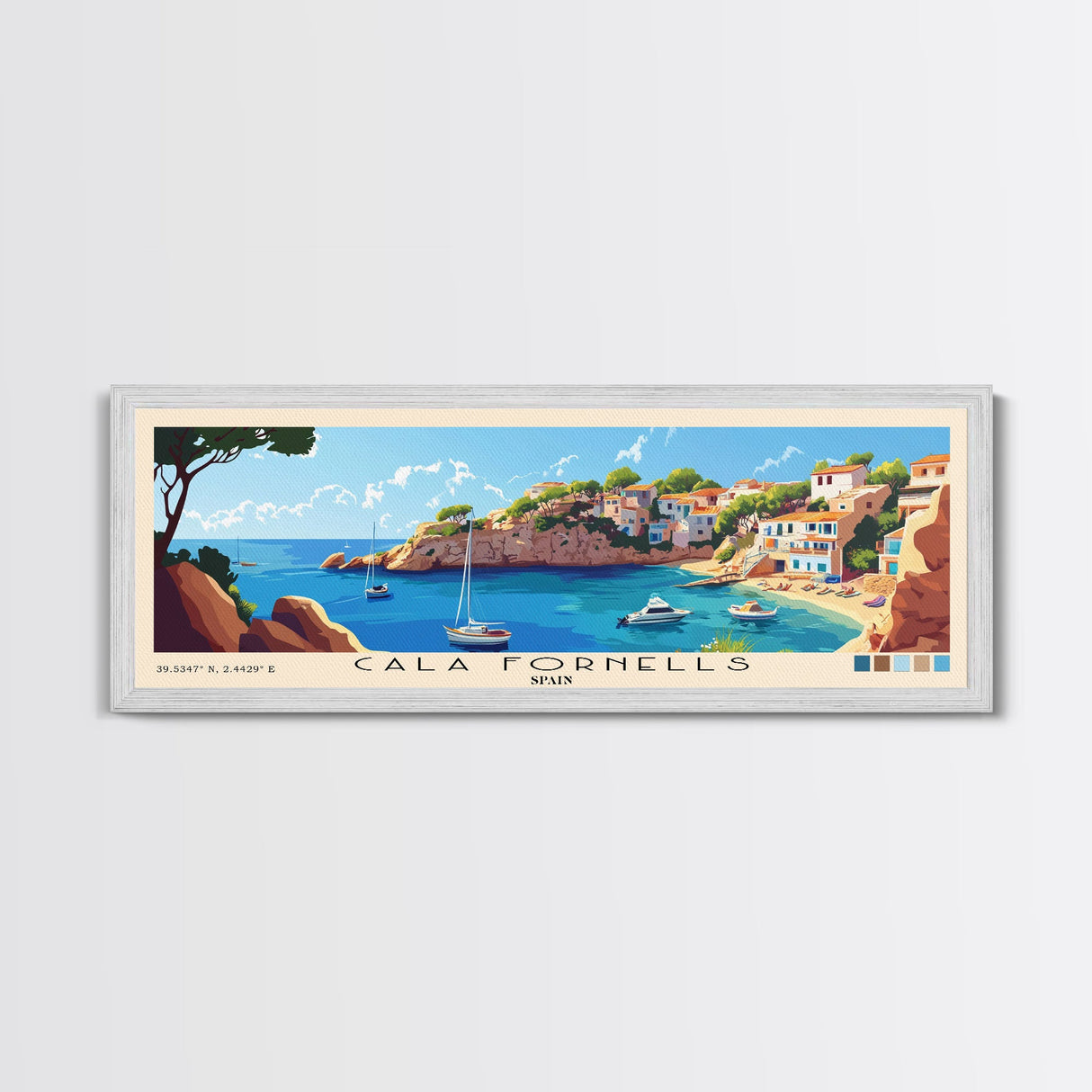 Cala Fornells, Spain Panoramic Beach Print, Vacation Gift, Spain Wall Art, Framed Canvas Print, Framed Beach Painting