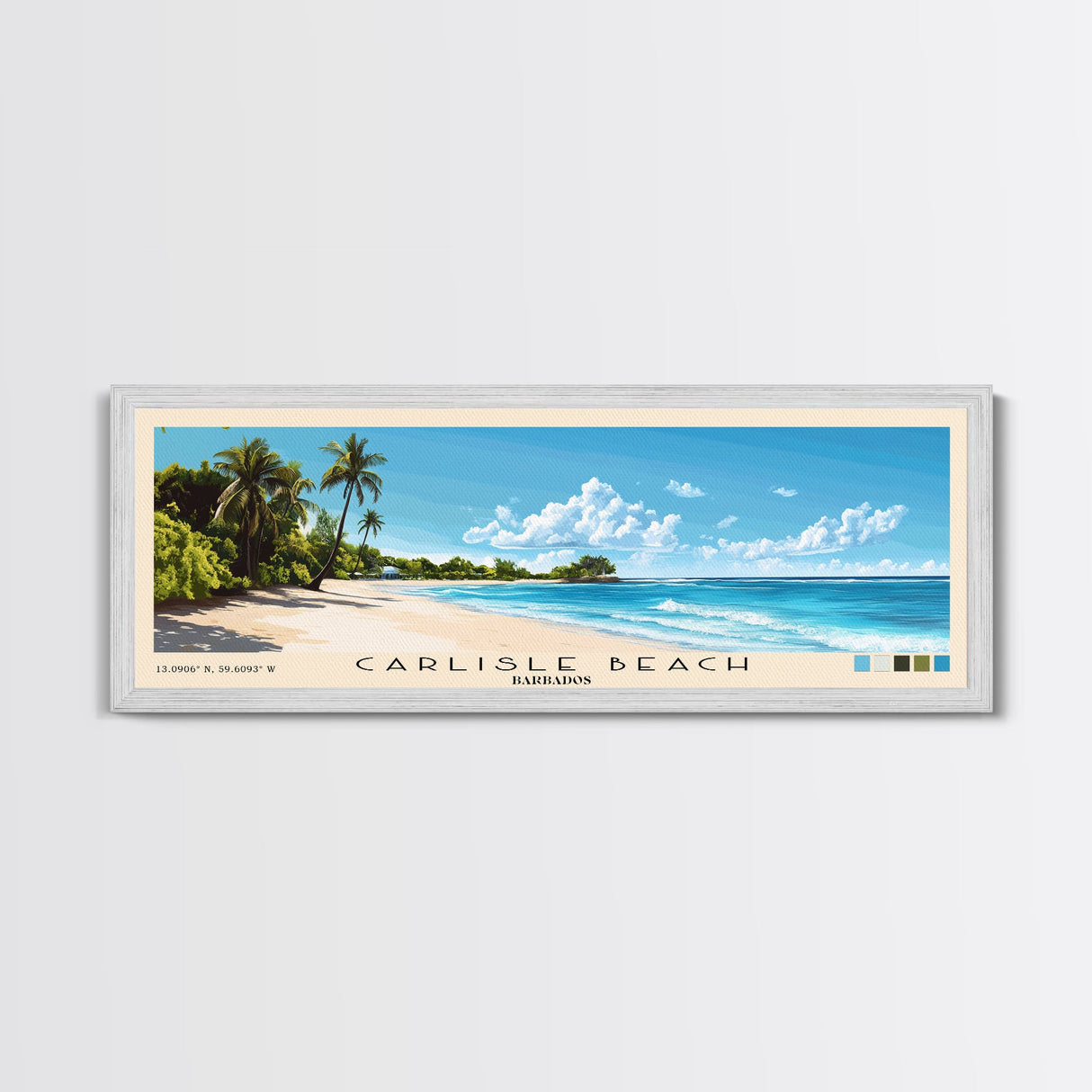 Carlisle Beach, Barbados Panoramic Beach Print, Vacation Gift, Barbados Wall Art, Framed Canvas Print, Framed Beach Painting