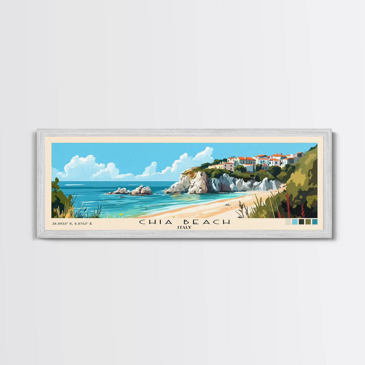 Chia Beach, Italy Panoramic Beach Print, Vacation Gift, Italy Wall Art, Framed Canvas Print, Framed Beach Painting