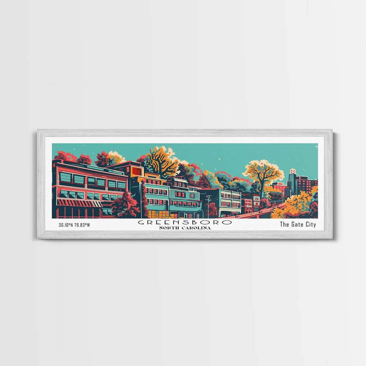 Greensboro North Carolina Travel Poster Framed Canvas Print, Panoramic Mid Century Modern Art, Pop Art Style, Wall Decor, Home Decor, Retro Style Art