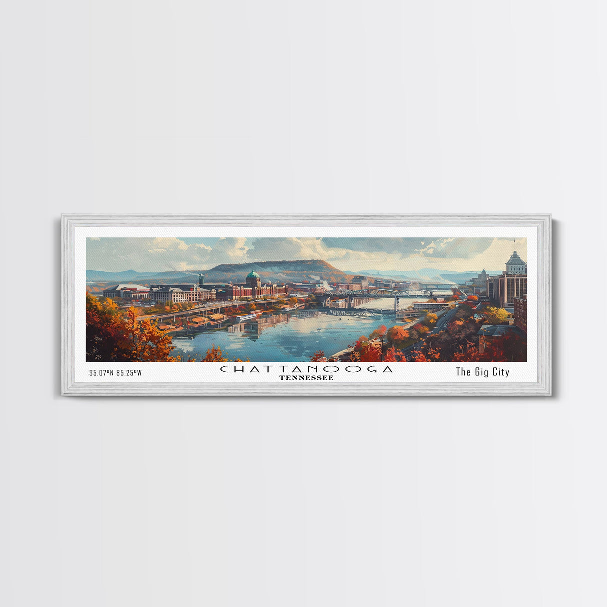 Chattanooga Tennessee Panoramic Watercolor Painting Framed Canvas Print, Travel Poster Art, Scenic Landscape, Living Room Decor, Wall Hanging, Office Art, Tennessee-Themed Gift