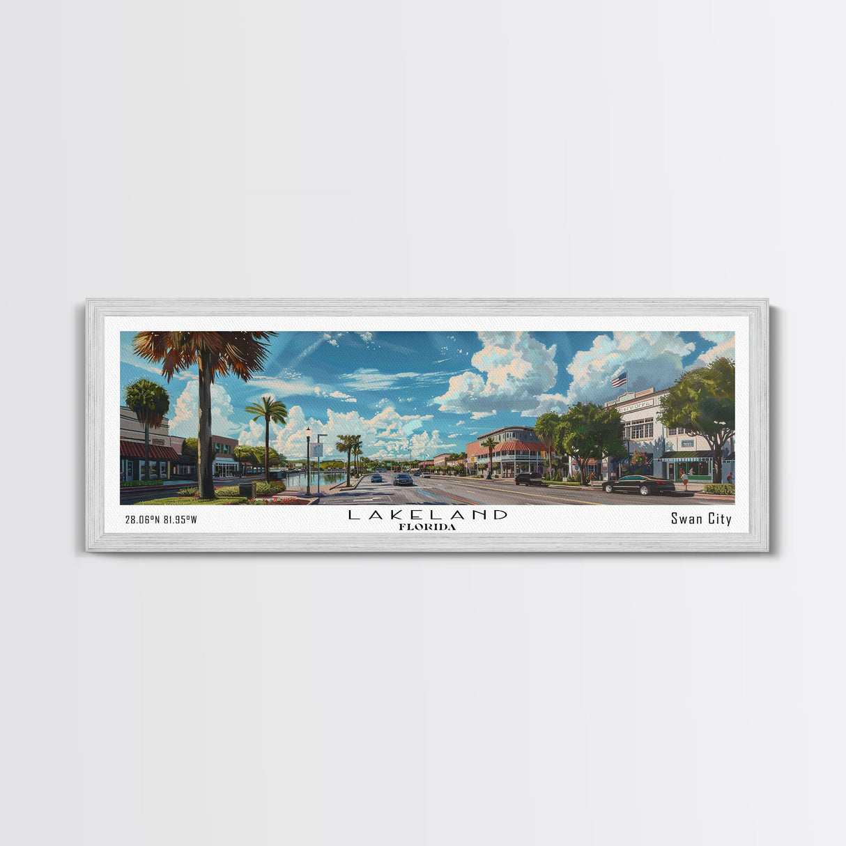 Lakeland Florida Panoramic Cityscape Wall Art, Watercolor Framed Canvas Print, Urban Painting for Living Room, Office Decor, Travel Poster