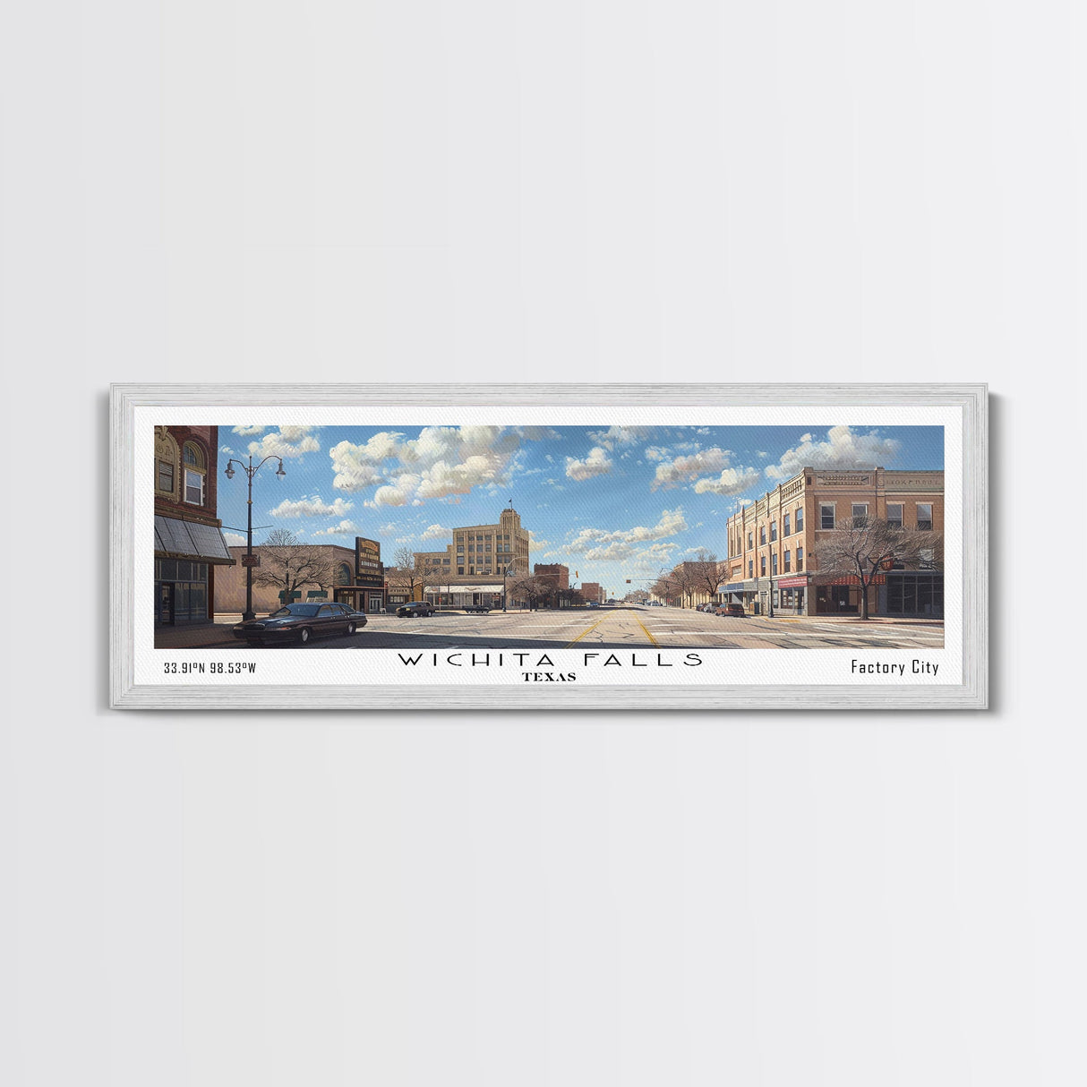 Wichita Falls Texas Panoramic Painting, Framed Canvas Print, Retro Style Travel Poster, Unique Home Decor, Artistic Office Wall Art
