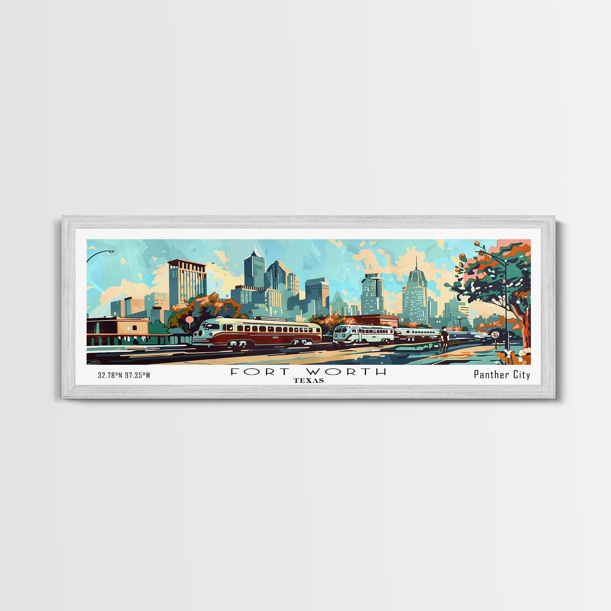 Fort Worth Texas Panoramic Wall Art, Mid Century Modern Framed Canvas Print, Retro Pop Art Travel Poster, Office Art, Living Room Decor