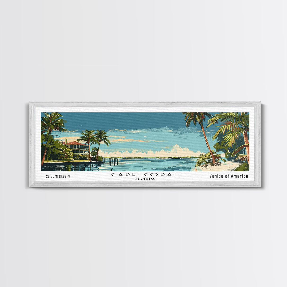 Cape Coral Florida Panoramic Painting, Mid Century Modern Framed Canvas Print, Retro Pop Art Travel Poster, Home Decor, City Print