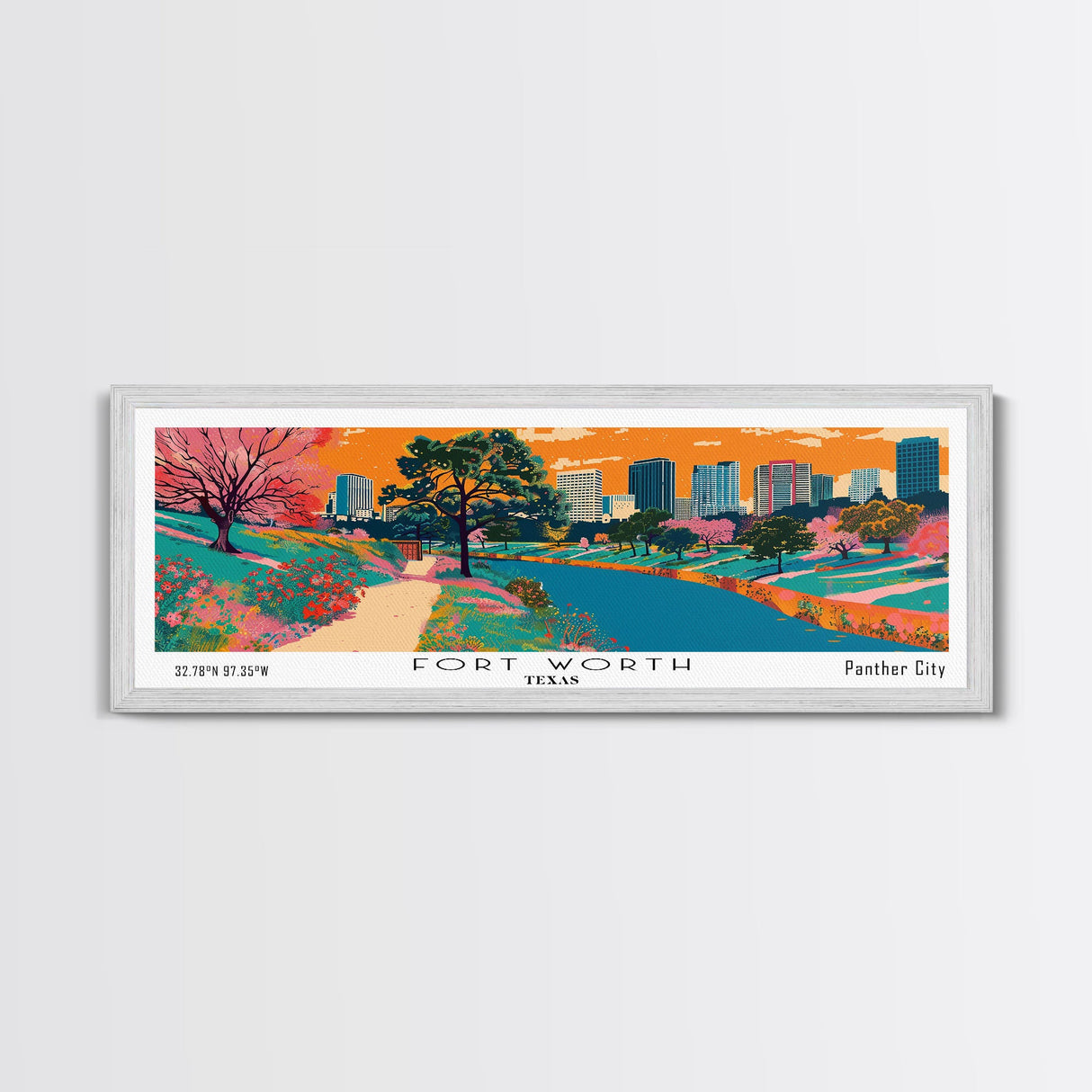 Fort Worth Texas Panoramic Painting, Mid Century Modern Framed Canvas Print, Retro Pop Art Travel Poster, Office Wall Decor