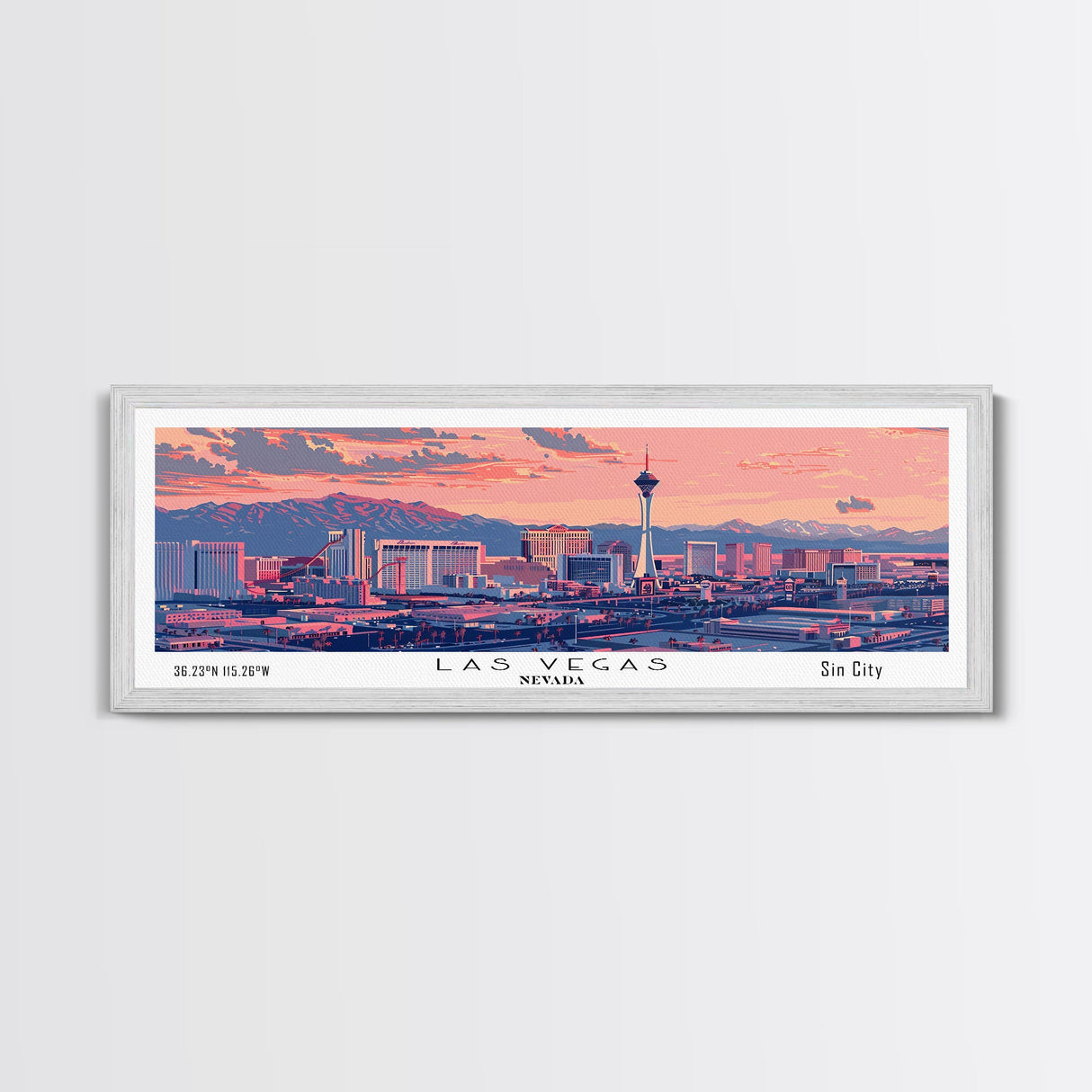 Las Vegas Nevada Panoramic Painting, Mid Century Modern Framed Canvas Print, Retro Pop Art Travel Poster, Living Room Art
