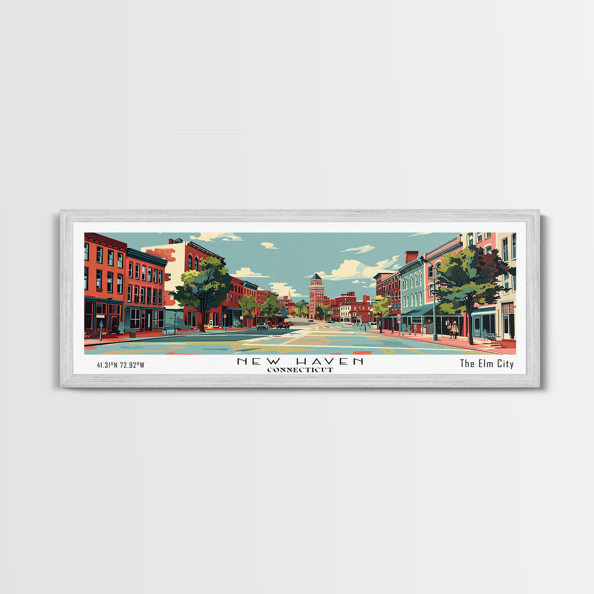 New Haven Connecticut Panoramic Wall Art, Mid Century Modern Framed Canvas Print, Retro Pop Art Travel Poster, Living Room Art