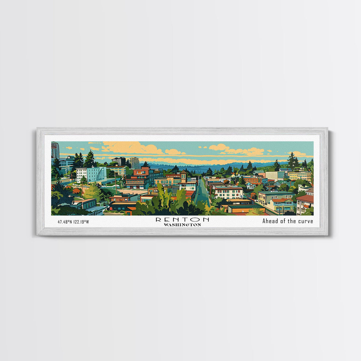 Renton Washington Panoramic Wall Art, Mid Century Modern Framed Canvas Print, Retro Pop Art Travel Poster, City Art, Office Wall Decor, Living Room Art