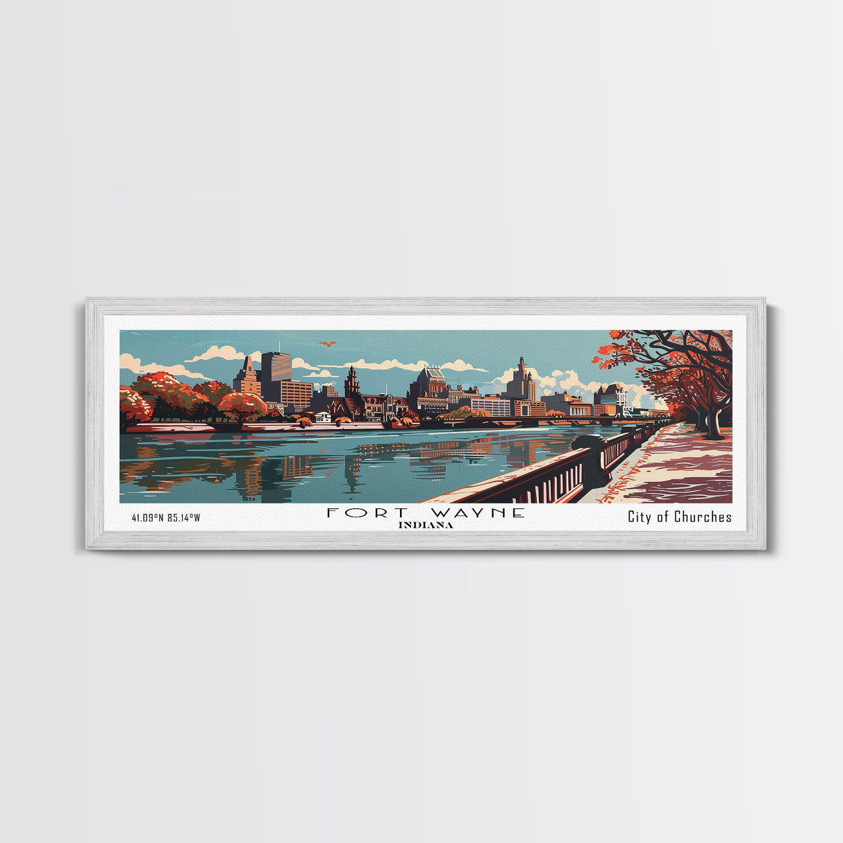 Fort Wayne Indiana Panoramic Painting, Framed Canvas Print, Mid Century Modern Wall Art, Retro Pop Art Travel Poster, Office Decor, City Art