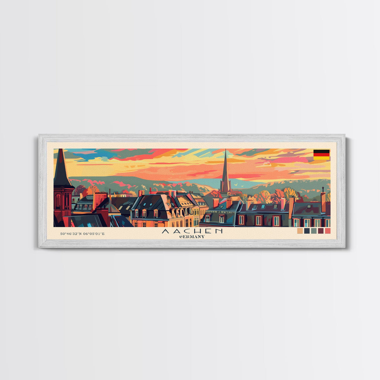 Aachen Germany Panoramic Travel Poster, Framed Canvas Print or Metal Wall Art, Travel Art, Home Decor, Panoramic Painting, Midcentury Art