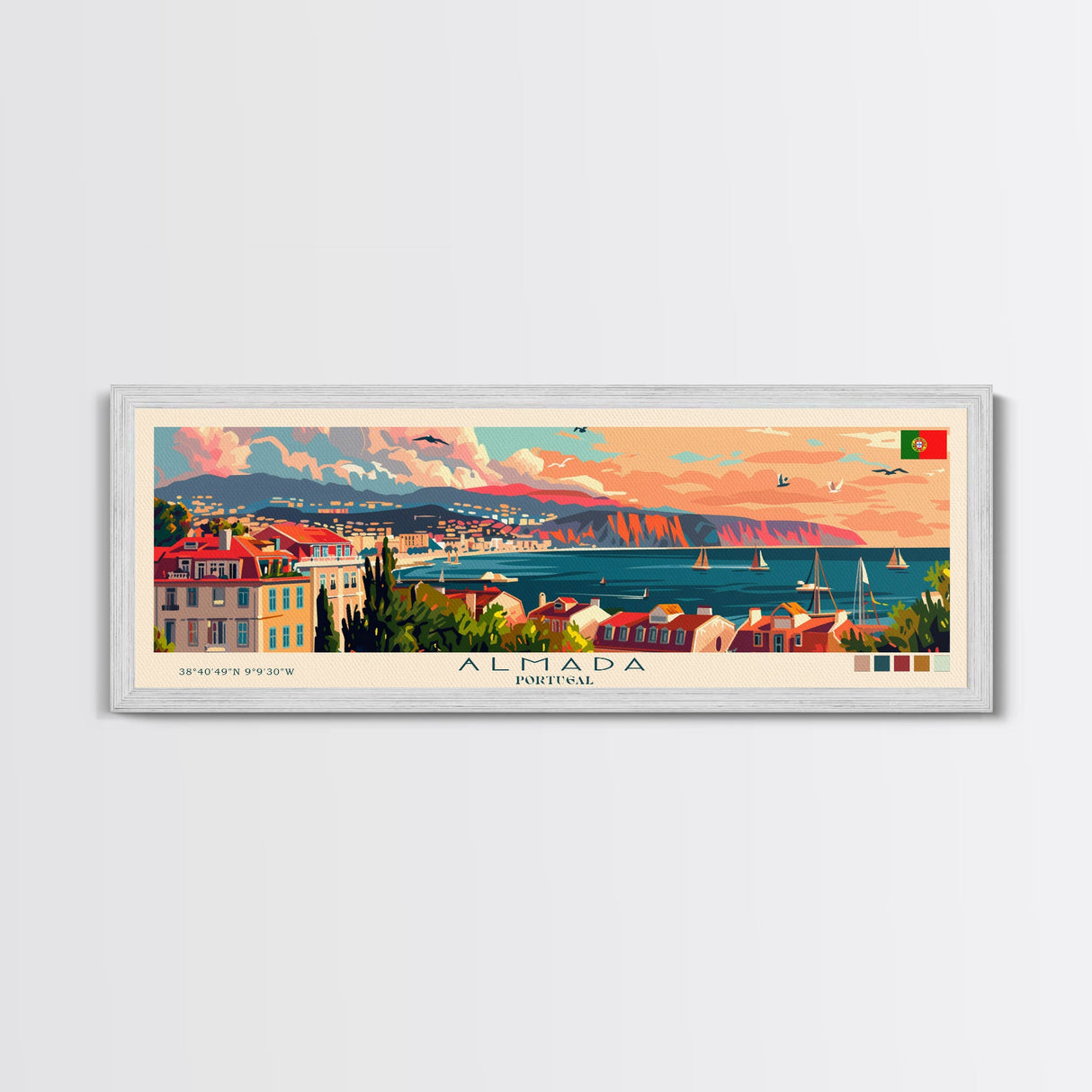 Almada Portugal Travel Art, City Art, Framed Canvas Print or Metal Wall Art, Europe Travel Poster, Panoramic Wall Art, Extra Wide Wall Art
