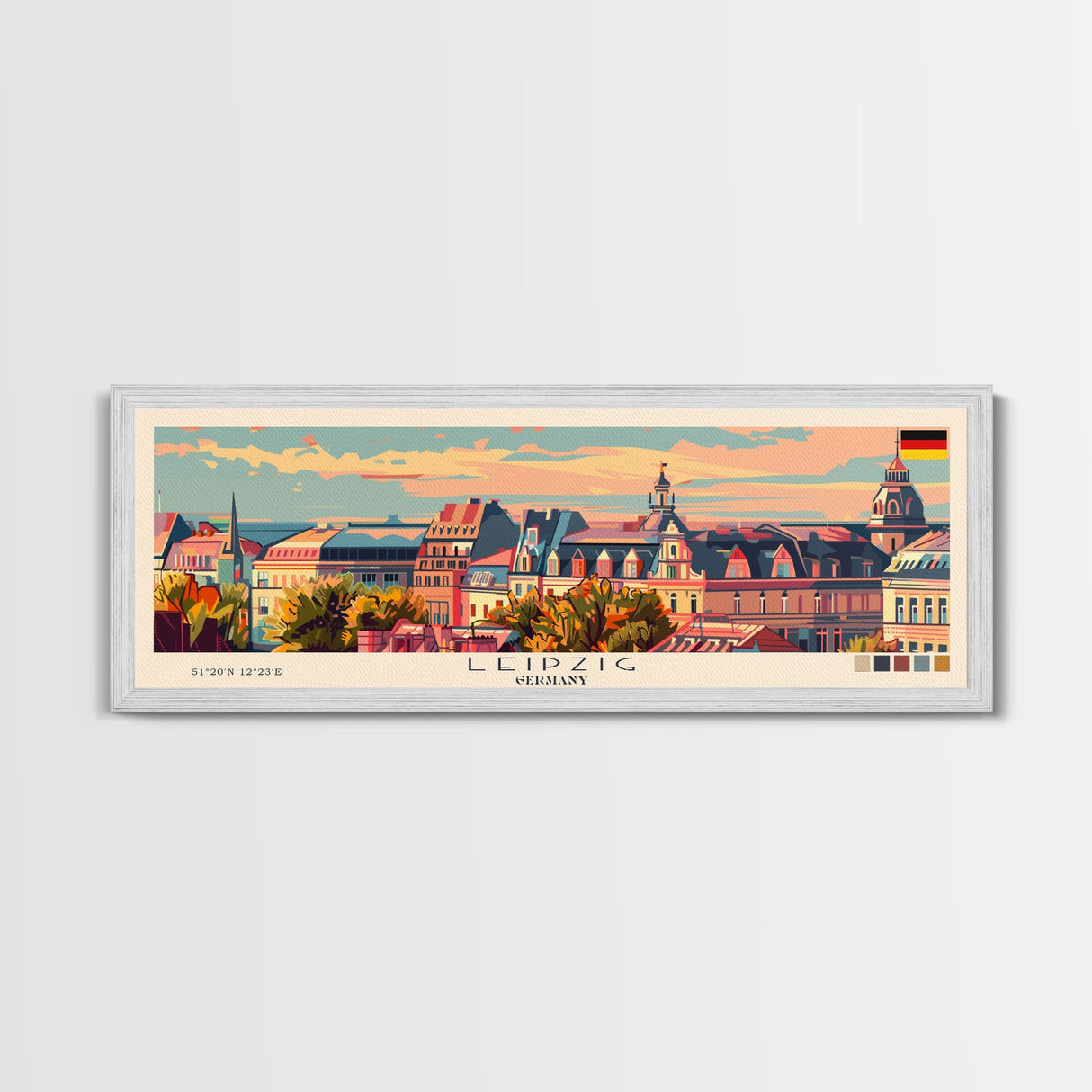Leipzig Germany Panoramic Travel Poster, Framed Canvas Print or Metal Wall Art, Travel Art, Home Decor, Panoramic Painting, Midcentury Art