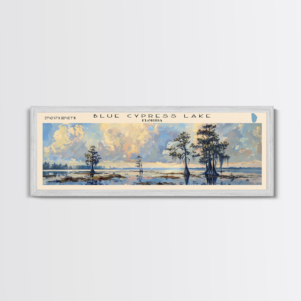 Blue Cypress Lake Florida Framed Canvas Print, Lake House Art, Panoramic Scenic View, Travel Poster, Modern Decor, Lake Painting
