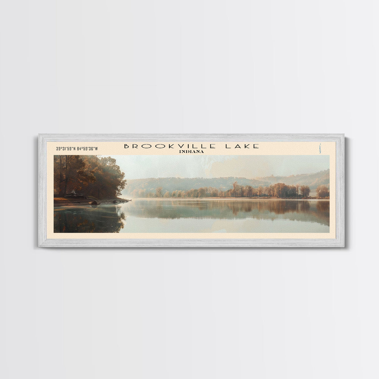 Brookville Lake Indiana Framed Canvas Print, Lake House Decor, Panoramic Wall Art, Travel Poster, Rustic Lake Painting, Nature Art
