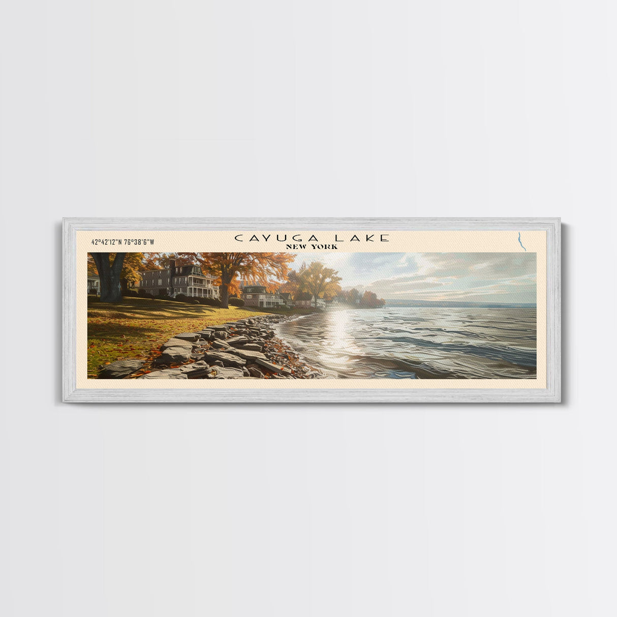Cayuga Lake New York Framed Canvas Print, Lake House Art, Panoramic Travel Poster, Wide Wall Art, Modern Lake Painting, Home Decor