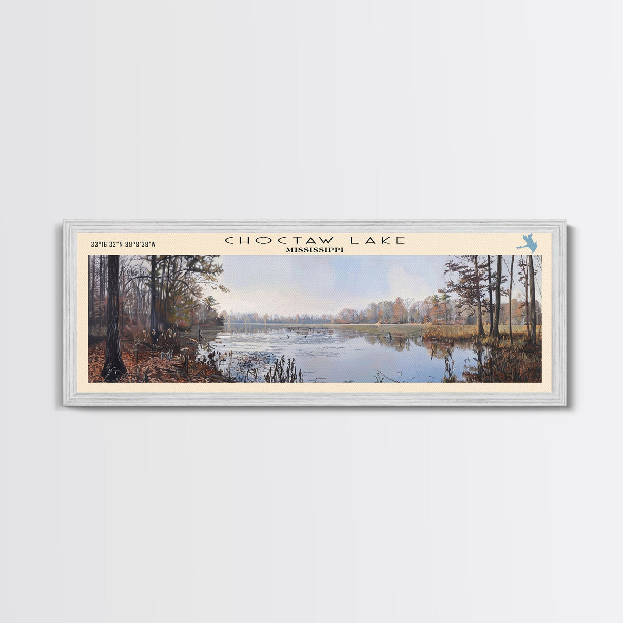 Choctaw Lake Mississippi Framed Canvas Print, Lake House Art, Panoramic Wide Wall Art, Travel Poster, Rustic Lake Painting, Home Decor