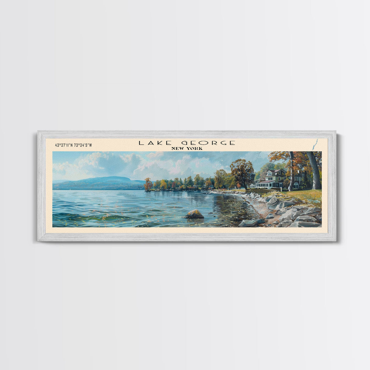Lake George New York Framed Canvas Print, Lake House Decor, Panoramic Wall Art, Travel Poster, Stunning Landscape Painting, Home Art