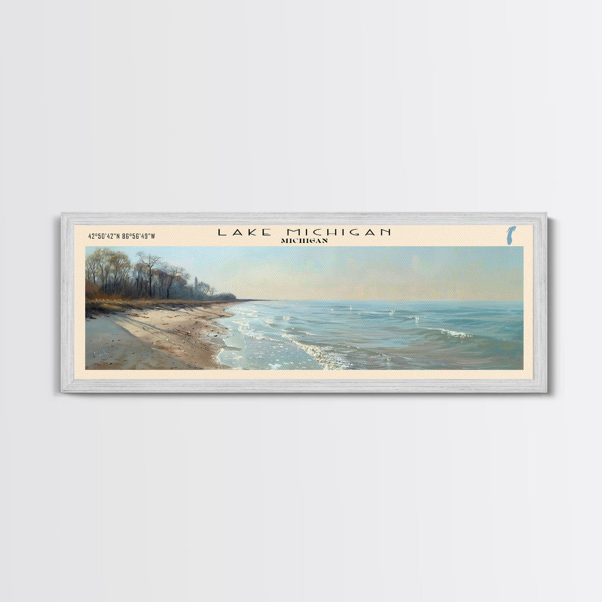 Lake Michigan Framed Canvas Print, Lake House Decor, Panoramic Wall Art, Travel Poster, Beautiful Landscape Painting, Bedroom Decor
