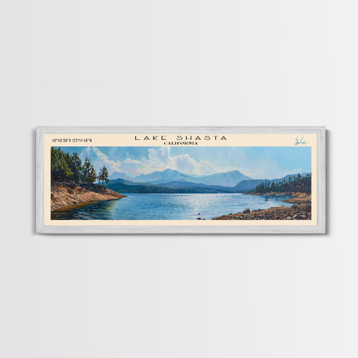 Lake Shasta, Boho Art, Beautiful Landscape, Travel Poster Art, Wall Art, Home Decor, Nature Scene, Lake Painting, Minimalist Art, Rustic Art, Travel Print, Framed Canvas Print, Lake House Decor, Panoramic Print