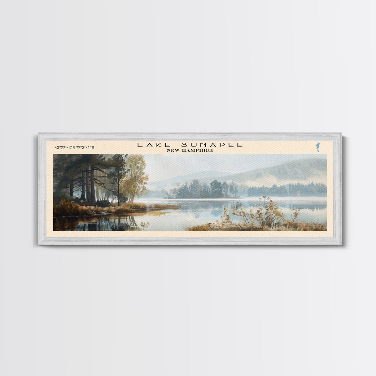 Lake Sunapee New Hampshire Framed Canvas Print, Lake House Decor, Panoramic Wall Art, Travel Poster, Scenic Landscape Painting, Living Room Decor