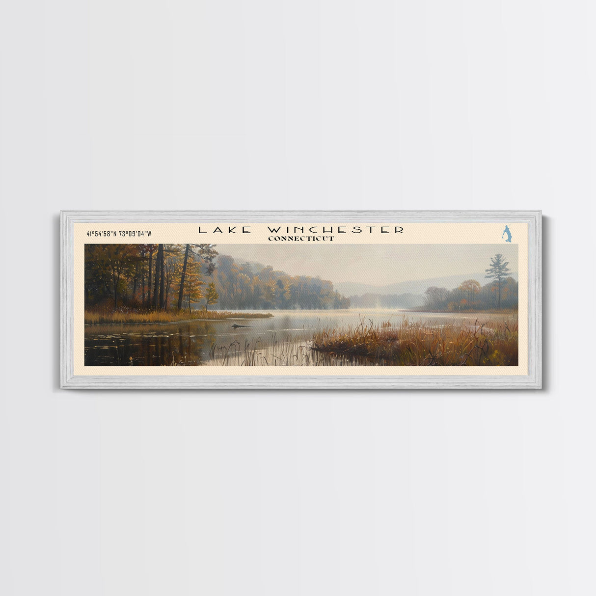 Lake Winchester Connecticut Framed Canvas Print, Lake House Decor, Panoramic Wall Art, Travel Poster, Landscape Painting, Contemporary Art