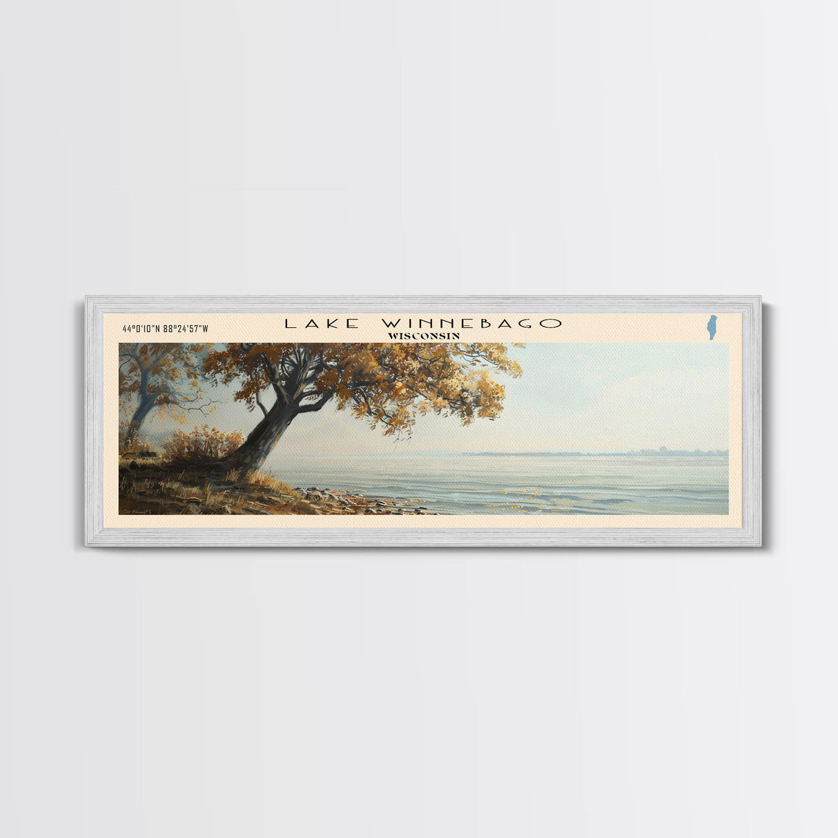 Lake Winnebago Framed Canvas Print, Lake House Decor, Panoramic Wall Art, Travel Poster, Beautiful Landscape Painting, Living Room Decor