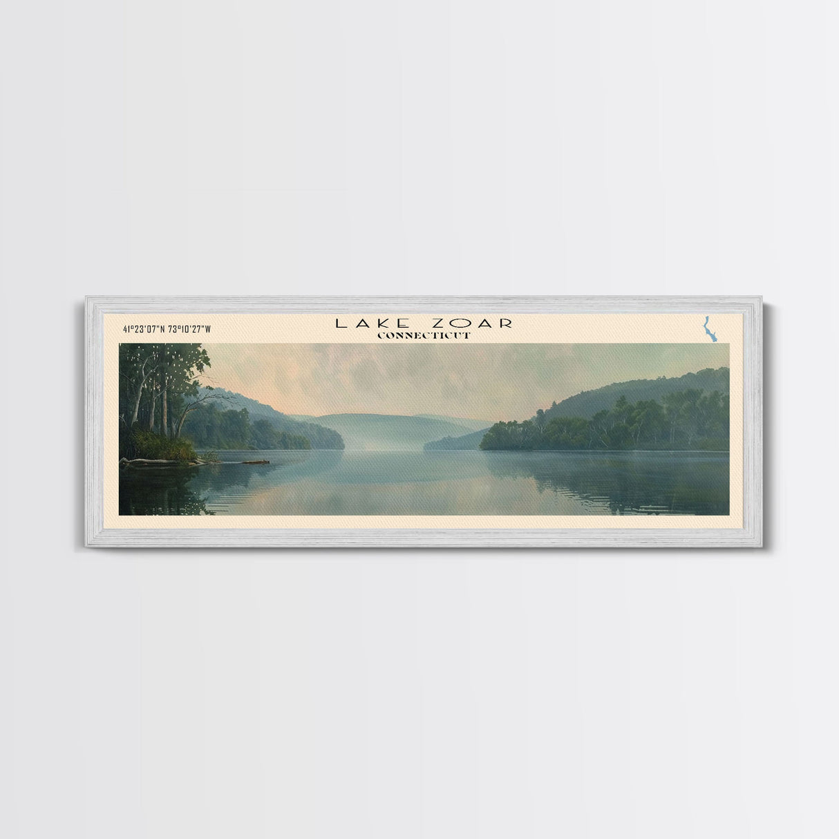 Lake Zoar Connecticut Framed Canvas Print, Lake House Decor, Panoramic Wall Art, Travel Poster, Landscape Painting, Living Room Decor