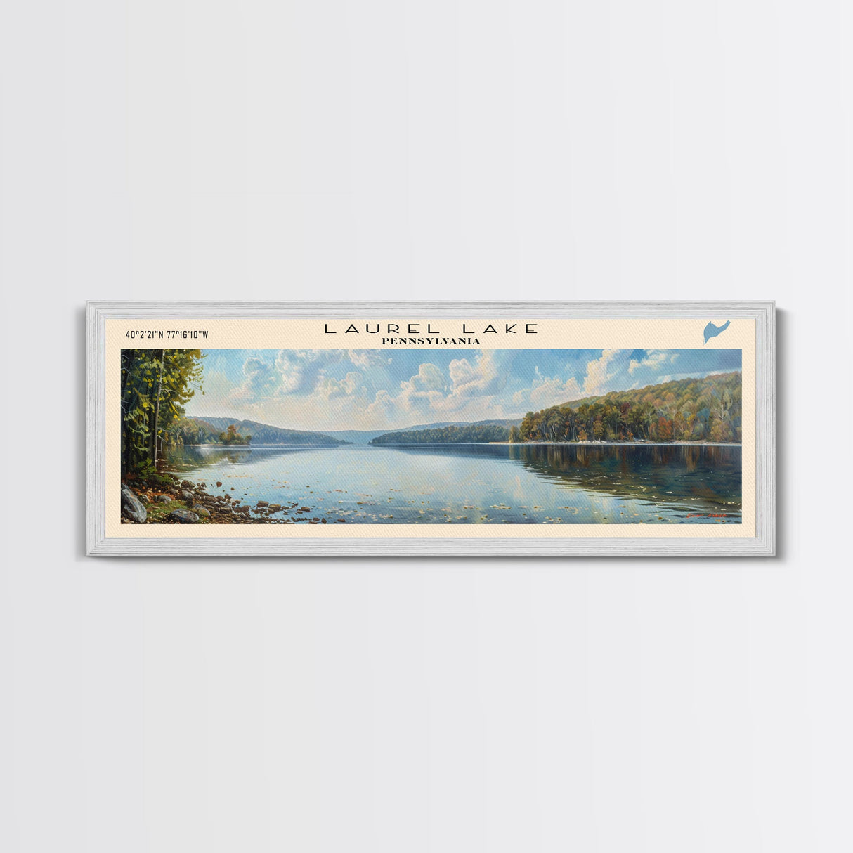 Laurel Lake Pennsylvania Framed Canvas Print, Lake House Decor, Panoramic Wall Art, Travel Poster, Landscape Painting, Bedroom Decor