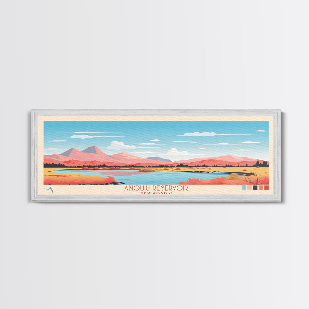 Abiquiu Reservoir New Mexico Framed Canvas Print, Panoramic Wall Art, Midcentury Modern, Pop Art, Travel Poster, Living Room Art