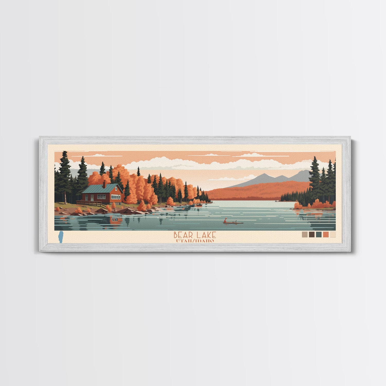 Bear Lake Utah Idaho Framed Canvas Print, Panoramic Travel Poster, Midcentury Modern Wall Art, Pop Art, Nature Living Room Art, Lake House Decor